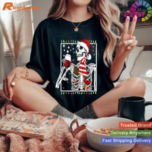 Smiling Skull Drinking Wine Christmas T-shirt Style 3 - Women T-shirt